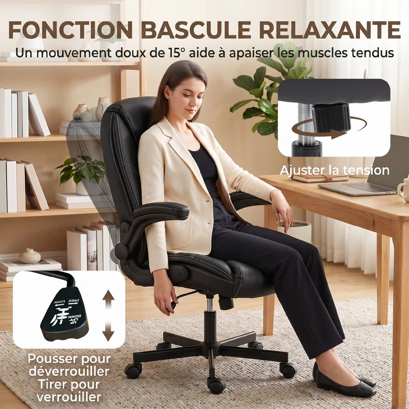 Chaise de bureau ergonomique 53 x 52 x 46-56 cm soutien lombaire accoudoirs relevables moderne design cosy en PU noir 21_0006338