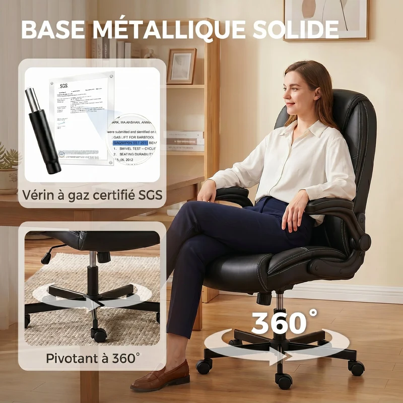 Chaise de bureau ergonomique 53 x 52 x 46-56 cm soutien lombaire accoudoirs relevables moderne design cosy en PU noir 21_0006338