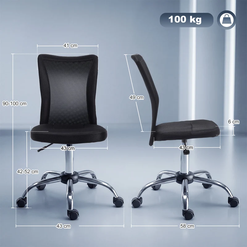 Chaise de bureau ergonomique 43 x 58 x 100 cm hauteur réglable 42 à 52 cm pivotante 360 degrés moderne en tissu noir 21_0006167