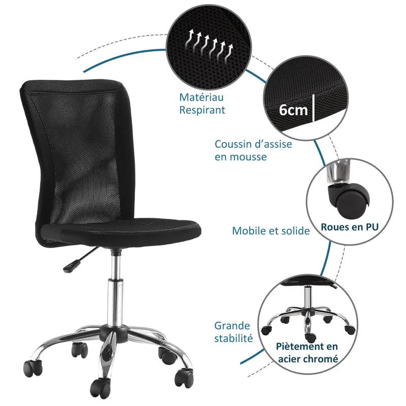 Chaise de bureau ergonomique 43 x 58 x 100 cm hauteur réglable 42 à 52 cm pivotante 360 degrés moderne en tissu noir 21_0006167