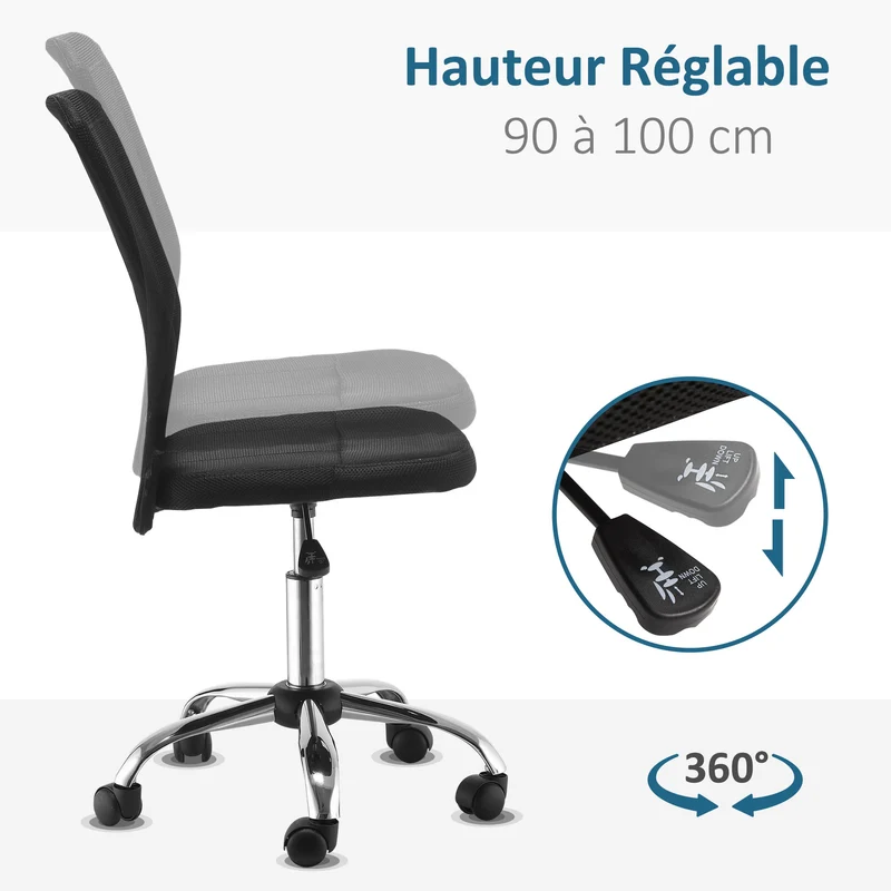 Chaise de bureau ergonomique 43 x 58 x 100 cm hauteur réglable 42 à 52 cm pivotante 360 degrés moderne en tissu noir 21_0006167