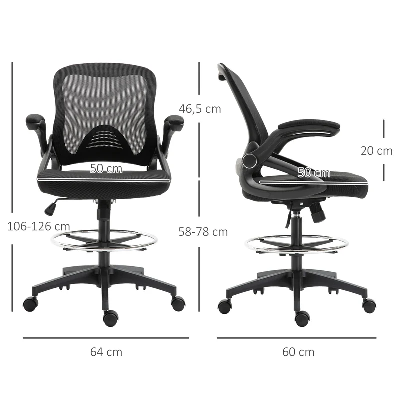 Chaise de bureau assise haute 64 x 60 x 106-126 cm ergonomique rembourrée contemporain usage professionnel en maille noir 21_0006160