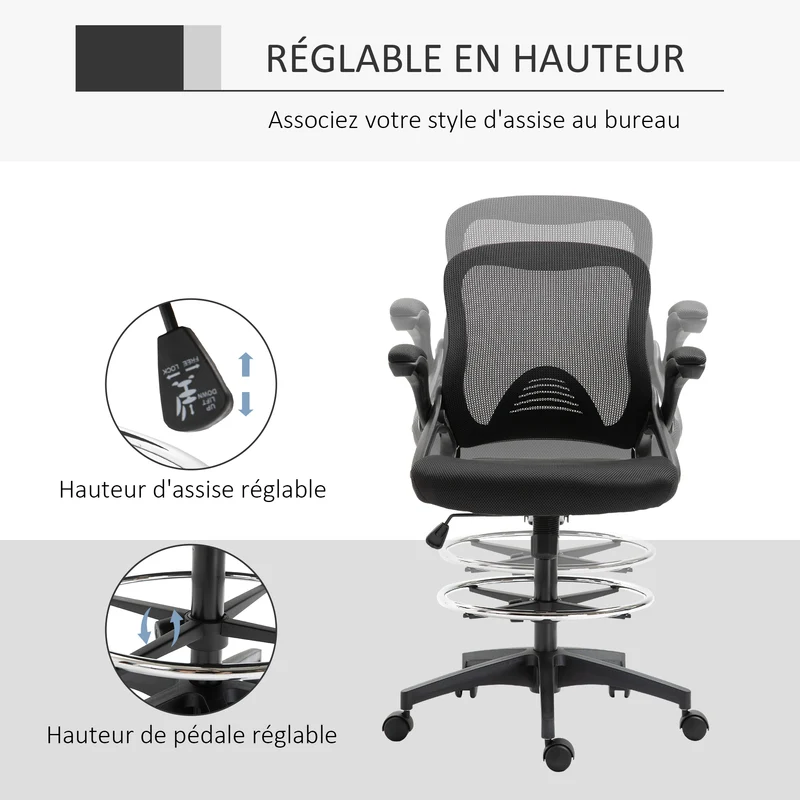 Chaise de bureau assise haute 64 x 60 x 106-126 cm ergonomique rembourrée contemporain usage professionnel en maille noir 21_0006160