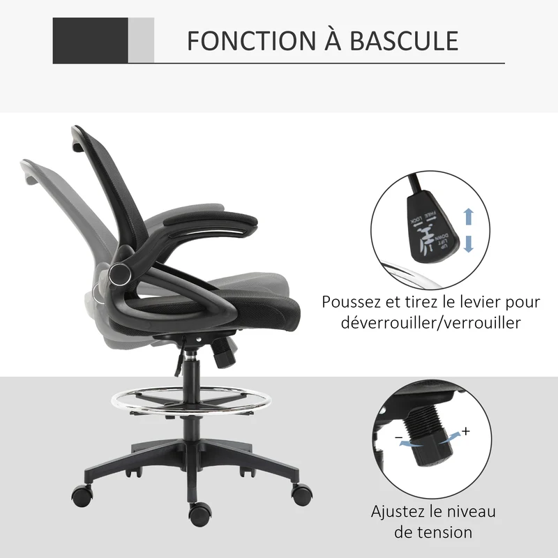 Chaise de bureau assise haute 64 x 60 x 106-126 cm ergonomique rembourrée contemporain usage professionnel en maille noir 21_0006160