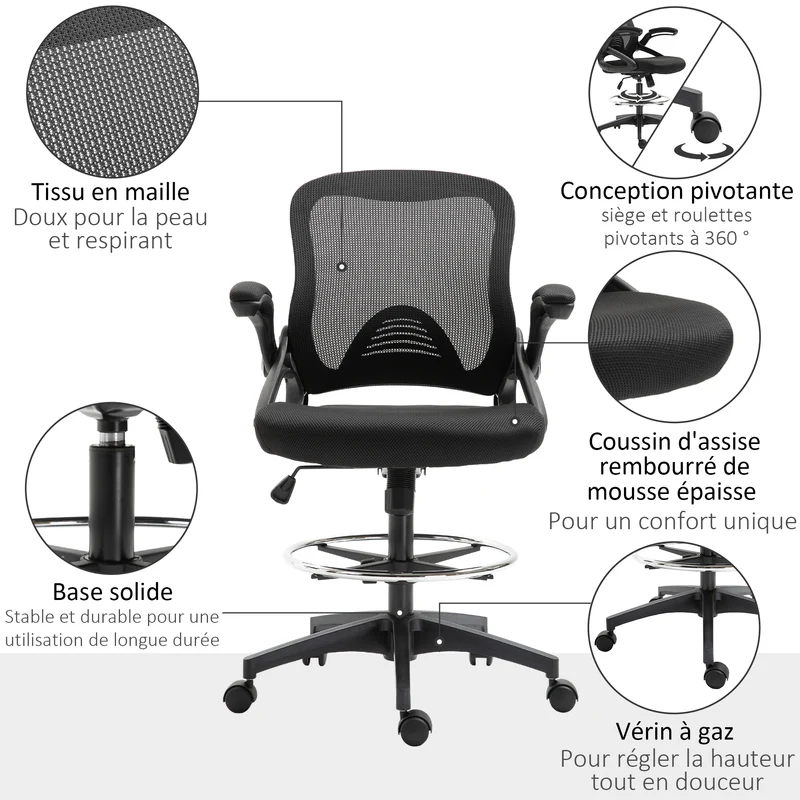 Chaise de bureau assise haute 64 x 60 x 106-126 cm ergonomique rembourrée contemporain usage professionnel en maille noir 21_0006160