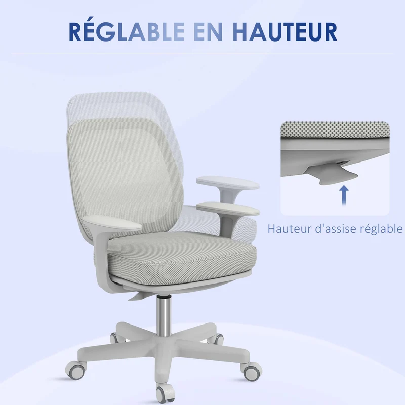 Chaise de bureau 55 x 48 x 94,5 cm assise respirante hauteur réglable 44 à 56 cm moderne design épuré en polyester gris 21_0006259