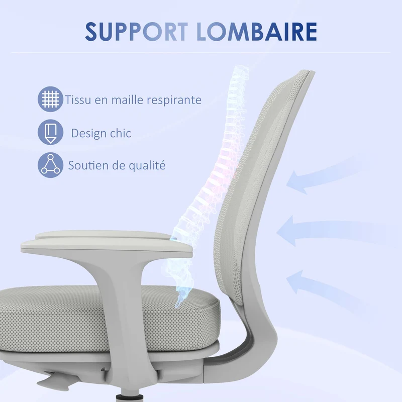Chaise de bureau 55 x 48 x 94,5 cm assise respirante hauteur réglable 44 à 56 cm moderne design épuré en polyester gris 21_0006259