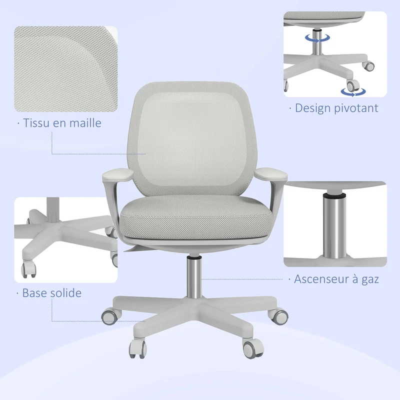 Chaise de bureau 55 x 48 x 94,5 cm assise respirante hauteur réglable 44 à 56 cm moderne design épuré en polyester gris 21_0006259