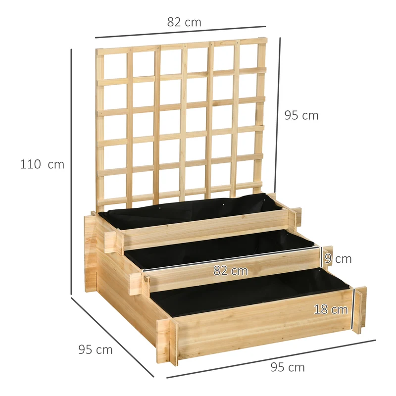 Carré potager 3 niveaux 95 x 95 x 110 cm treillis pour plantes grimpantes style rustique stable en bois de sapin naturel 21_0004313