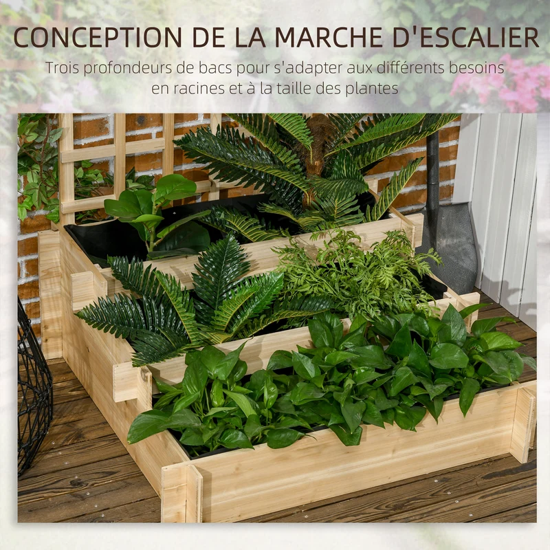 Carré potager 3 niveaux 95 x 95 x 110 cm treillis pour plantes grimpantes style rustique stable en bois de sapin naturel 21_0004313
