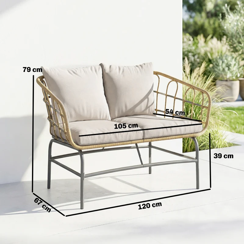 Canapé de jardin deux places 120 x 67 x 79 cm coussins déhoussables assise moelleuse design en résine tressée marron 21_0005990