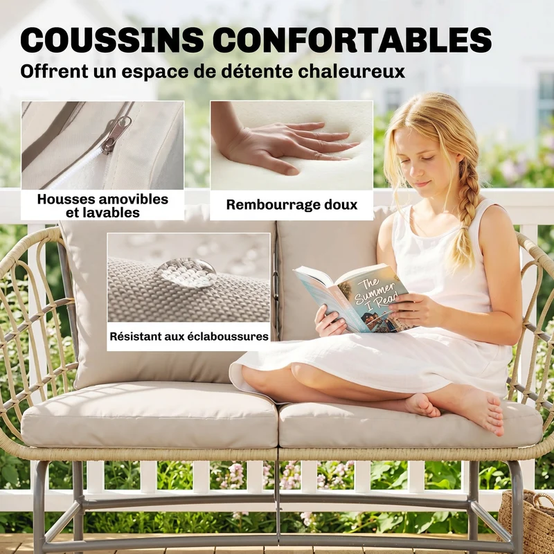 Canapé de jardin deux places 120 x 67 x 79 cm coussins déhoussables assise moelleuse design en résine tressée marron 21_0005990