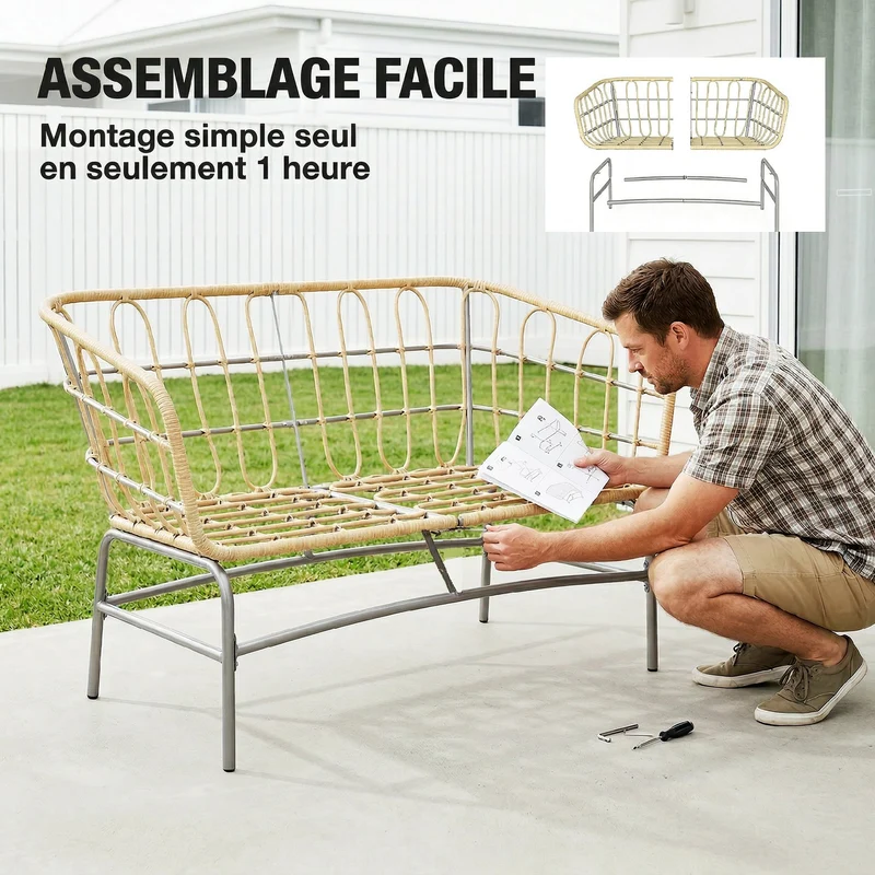 Canapé de jardin deux places 120 x 67 x 79 cm coussins déhoussables assise moelleuse design en résine tressée marron 21_0005990