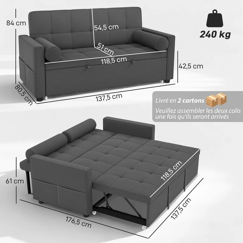 Canapé convertible 2 places lit gigogne dossier réglable 80.5 x 137.5 x 84 cm moderne design en polyester gris foncé 21_0003523