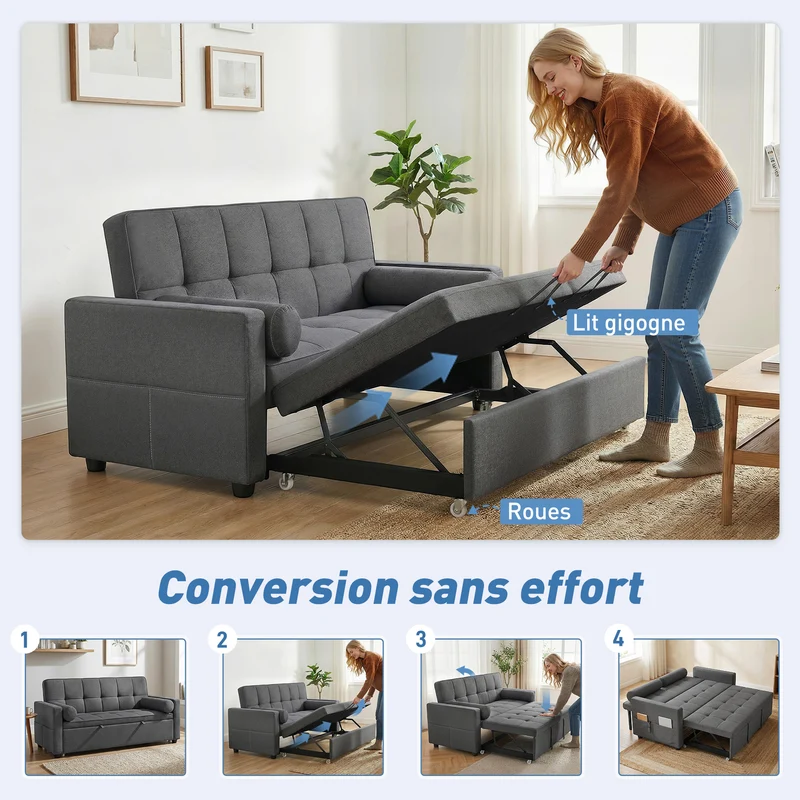 Canapé convertible 2 places lit gigogne dossier réglable 80.5 x 137.5 x 84 cm moderne design en polyester gris foncé 21_0003523