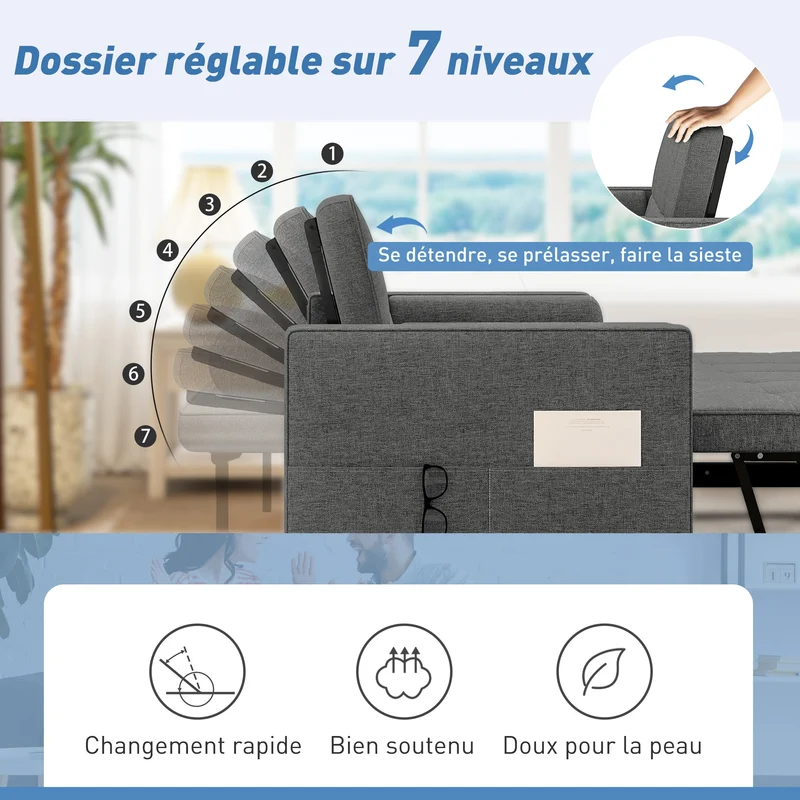 Canapé convertible 2 places lit gigogne dossier réglable 80.5 x 137.5 x 84 cm moderne design en polyester gris foncé 21_0003523