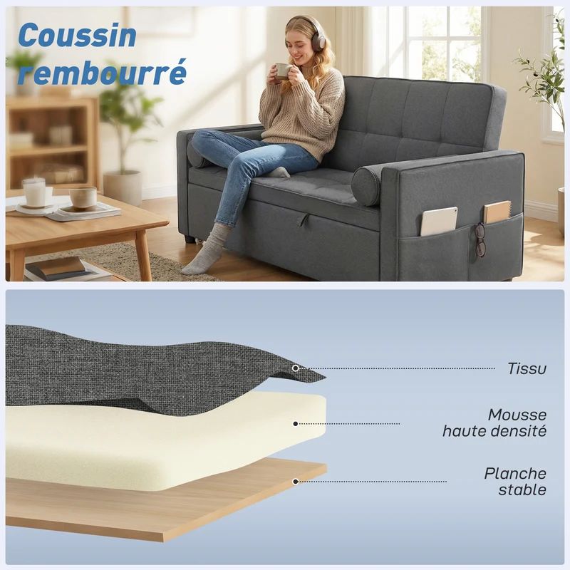 Canapé convertible 2 places lit gigogne dossier réglable 80.5 x 137.5 x 84 cm moderne design en polyester gris foncé 21_0003523