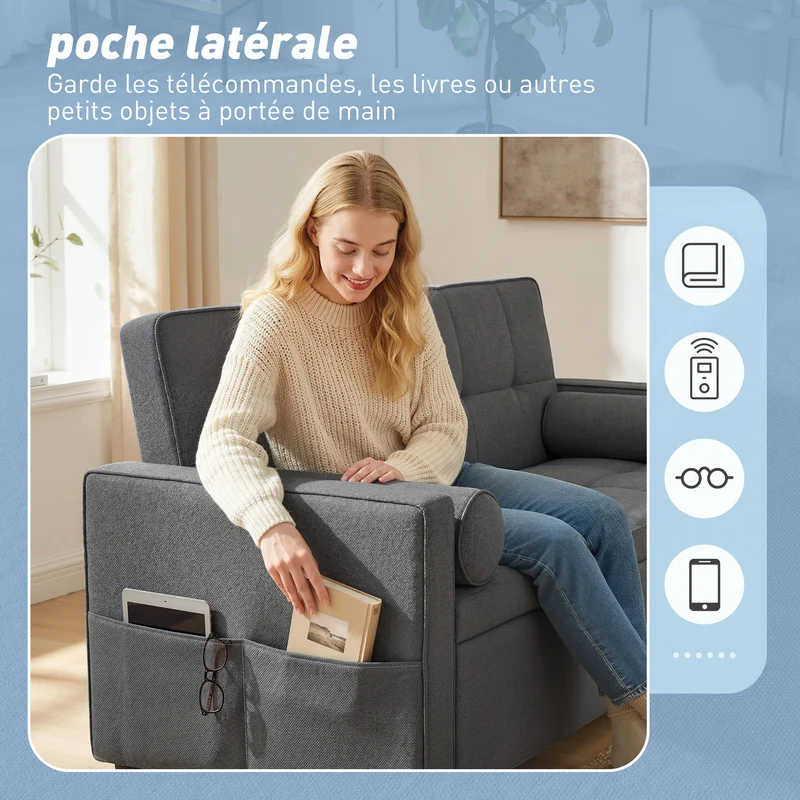 Canapé convertible 2 places lit gigogne dossier réglable 80.5 x 137.5 x 84 cm moderne design en polyester gris foncé 21_0003523