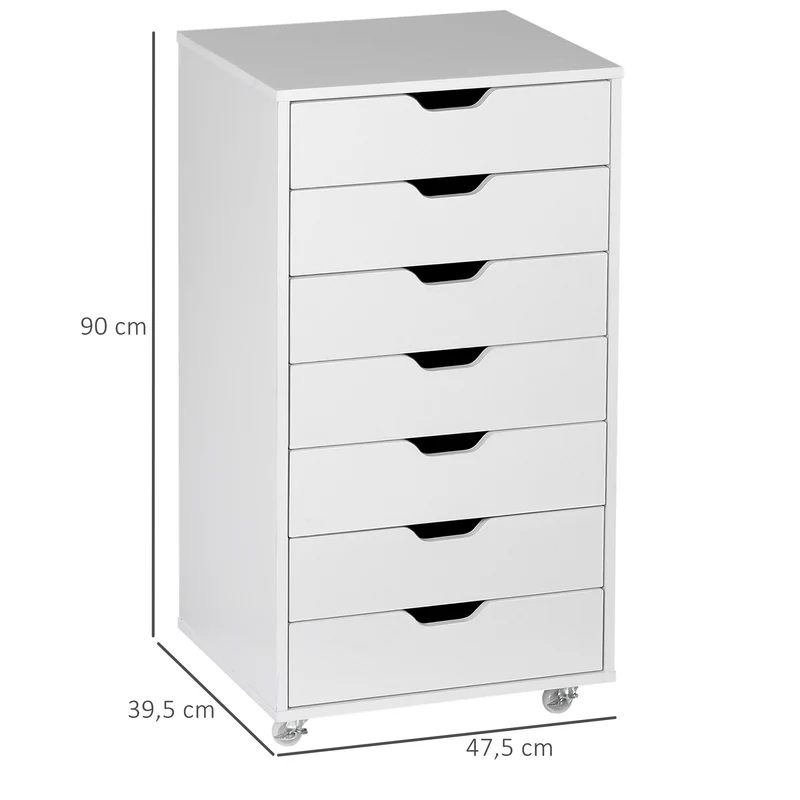 Caisson de bureau 47,5 x 39,5 x 90 cm 7 tiroirs roulettes freinées rangement utile design en panneau de particules blanc 21_0006389