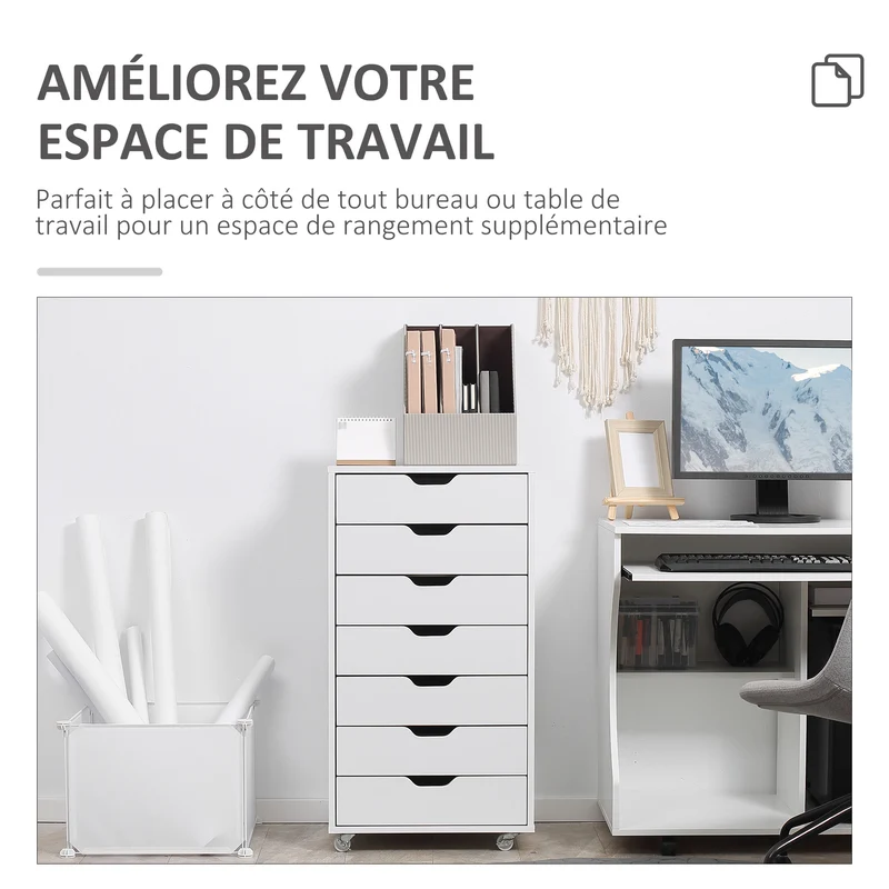 Caisson de bureau 47,5 x 39,5 x 90 cm 7 tiroirs roulettes freinées rangement utile design en panneau de particules blanc 21_0006389