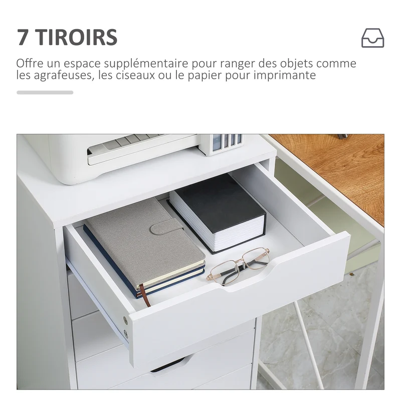 Caisson de bureau 47,5 x 39,5 x 90 cm 7 tiroirs roulettes freinées rangement utile design en panneau de particules blanc 21_0006389