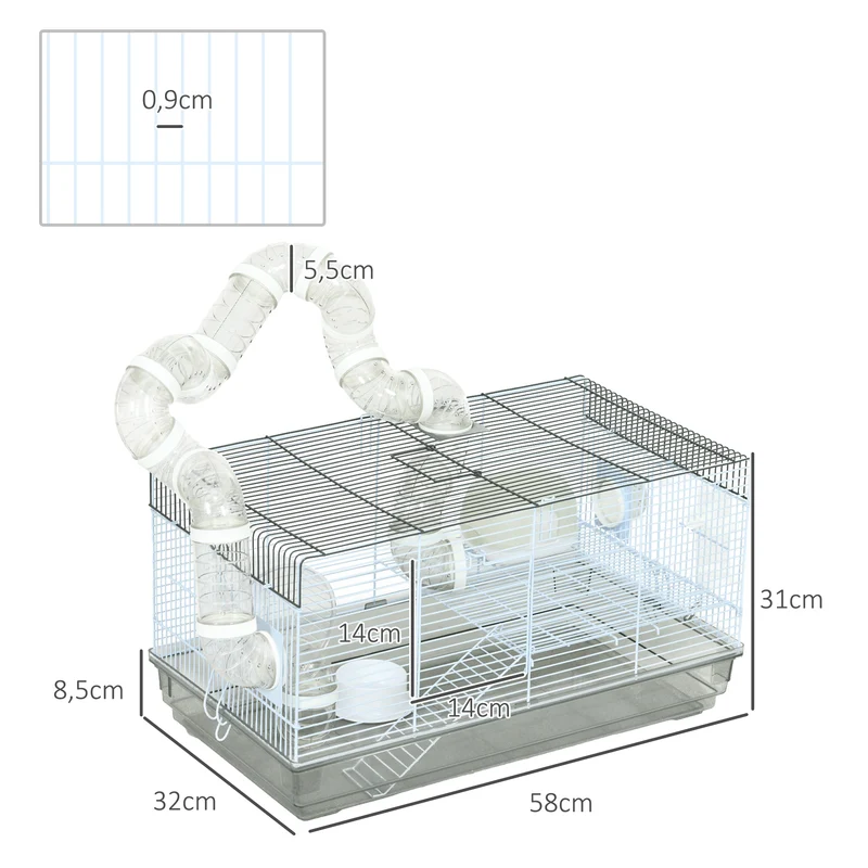 Cage pour hamster multiniveau 58 x 32 x 31 cm avec tunnel et roue d'exercice moderne design sécurisée en acier gris 21_0007988