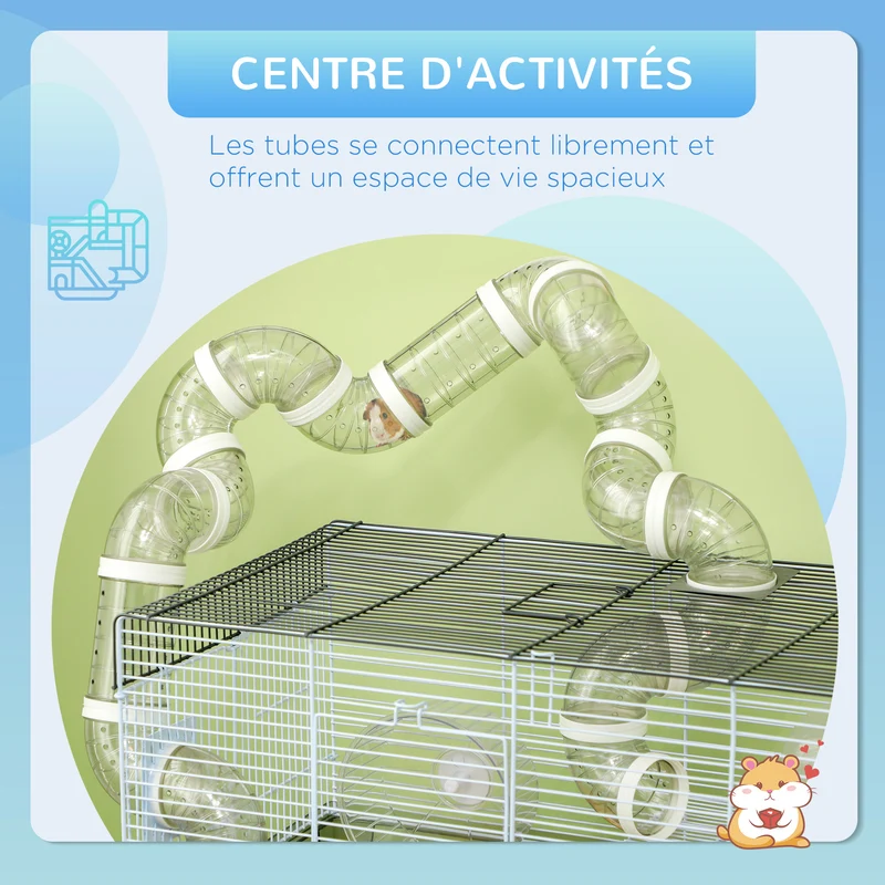 Cage pour hamster multiniveau 58 x 32 x 31 cm avec tunnel et roue d'exercice moderne design sécurisée en acier gris 21_0007988