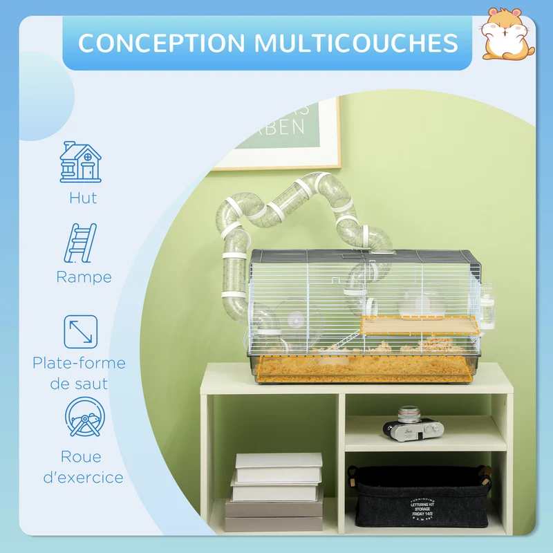 Cage pour hamster multiniveau 58 x 32 x 31 cm avec tunnel et roue d'exercice moderne design sécurisée en acier gris 21_0007988
