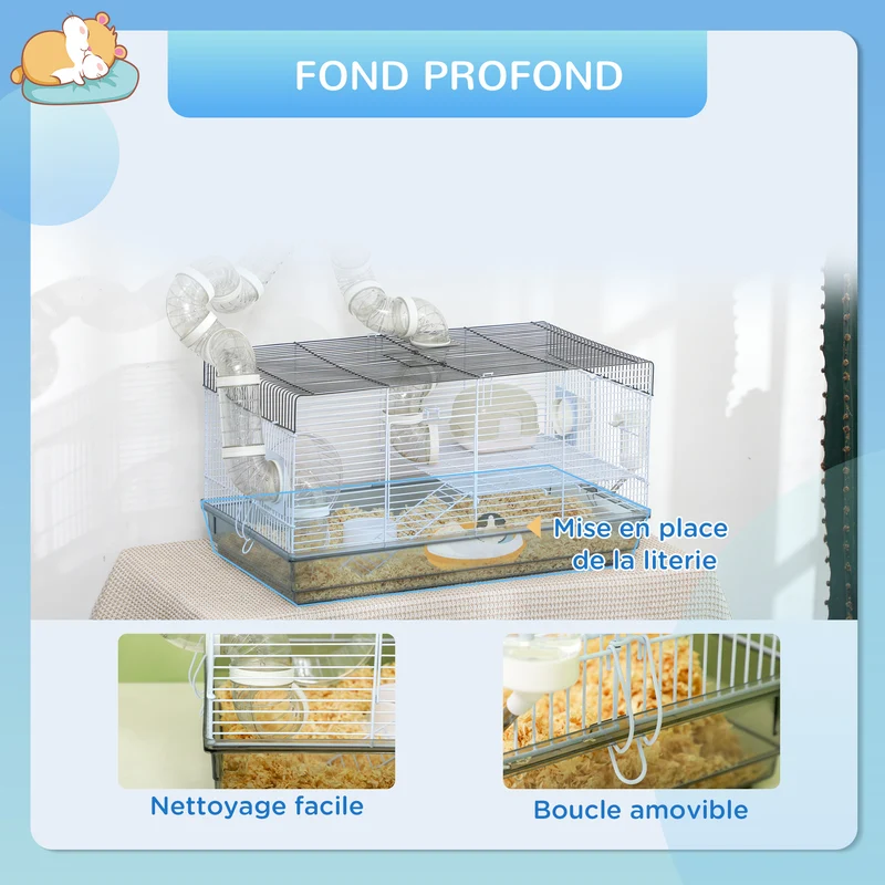 Cage pour hamster multiniveau 58 x 32 x 31 cm avec tunnel et roue d'exercice moderne design sécurisée en acier gris 21_0007988