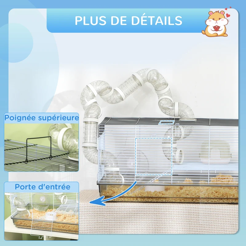 Cage pour hamster multiniveau 58 x 32 x 31 cm avec tunnel et roue d'exercice moderne design sécurisée en acier gris 21_0007988