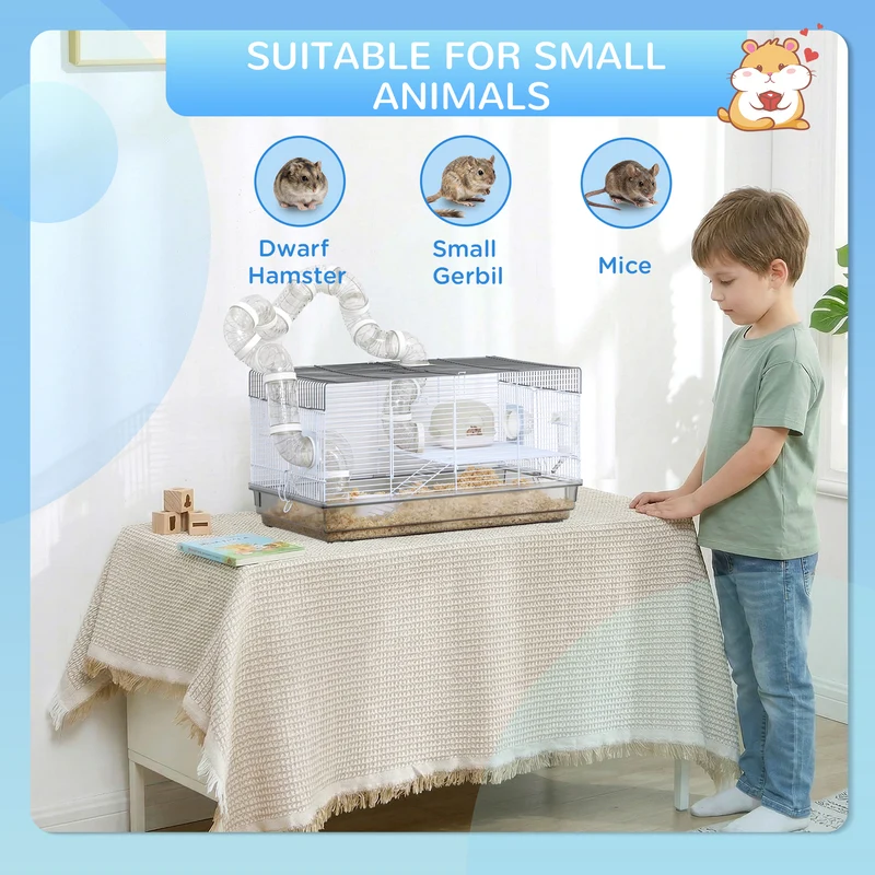 Cage pour hamster multiniveau 58 x 32 x 31 cm avec tunnel et roue d'exercice moderne design sécurisée en acier gris 21_0007988