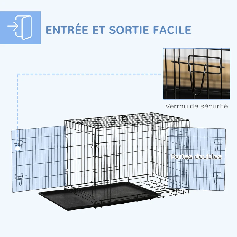 Cage de transport pliante pour chien 106 x 71,5 x 76 cm 2 portes plateau amovible pliable contemporain en acier noir 21_0007205
