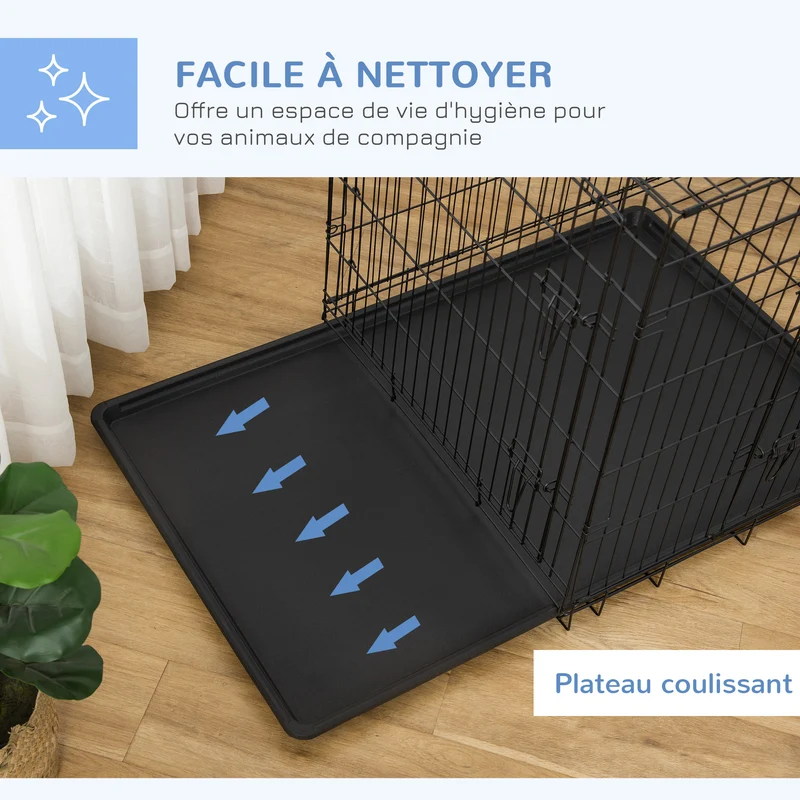 Cage de transport pliante pour chien 106 x 71,5 x 76 cm 2 portes plateau amovible pliable contemporain en acier noir 21_0007205