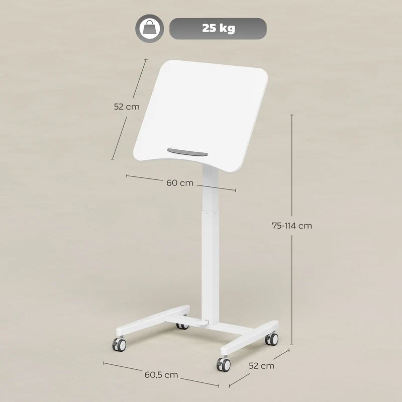 Bureau réglable assis debout plateau inclinable 60,5 x 52 x 75-114 cm roulettes freinées moderne épuré en MDF blanc 21_0002992