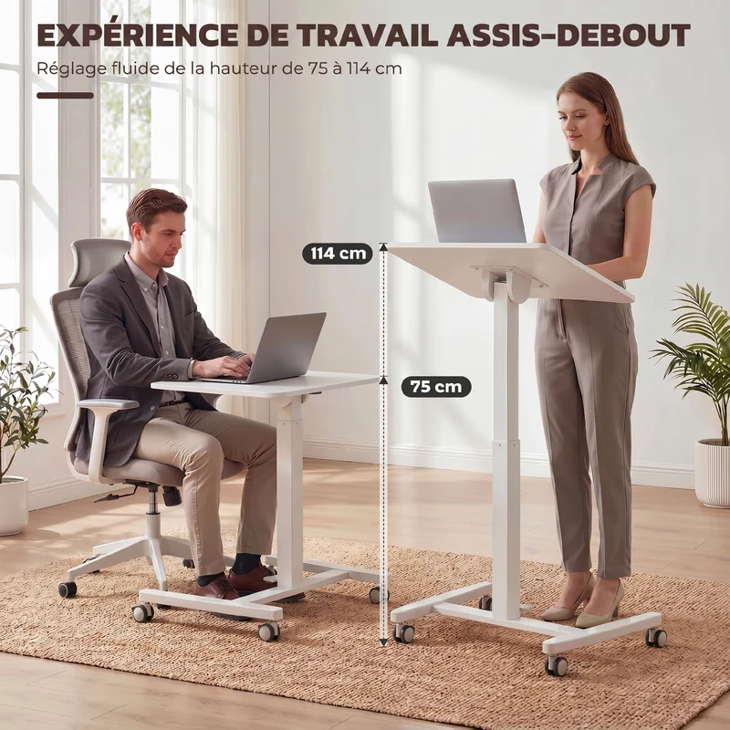 Bureau réglable assis debout plateau inclinable 60,5 x 52 x 75-114 cm roulettes freinées moderne épuré en MDF blanc 21_0002992