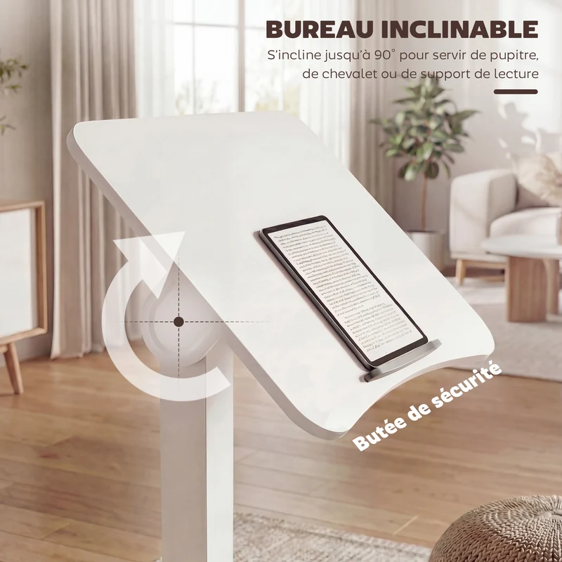 Bureau réglable assis debout plateau inclinable 60,5 x 52 x 75-114 cm roulettes freinées moderne épuré en MDF blanc 21_0002992