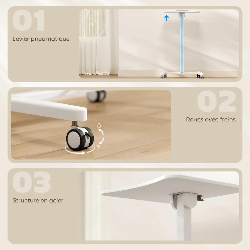 Bureau réglable assis debout plateau inclinable 60,5 x 52 x 75-114 cm roulettes freinées moderne épuré en MDF blanc 21_0002992