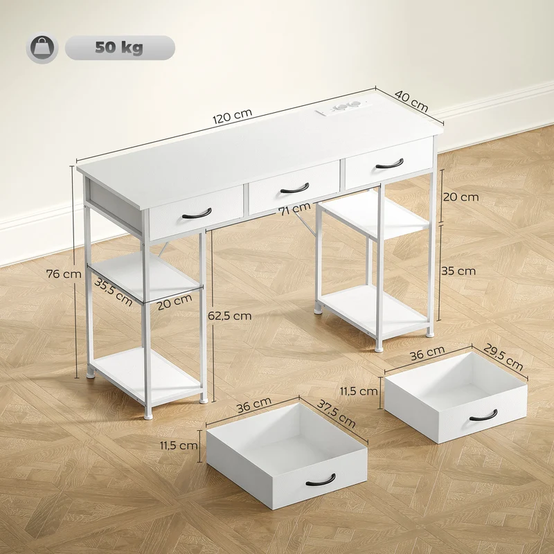 Bureau rangement chambre 120 x 40 x 76 cm station de charge intégrée tiroirs tissu design en panneau de particules blanc 21_0002539