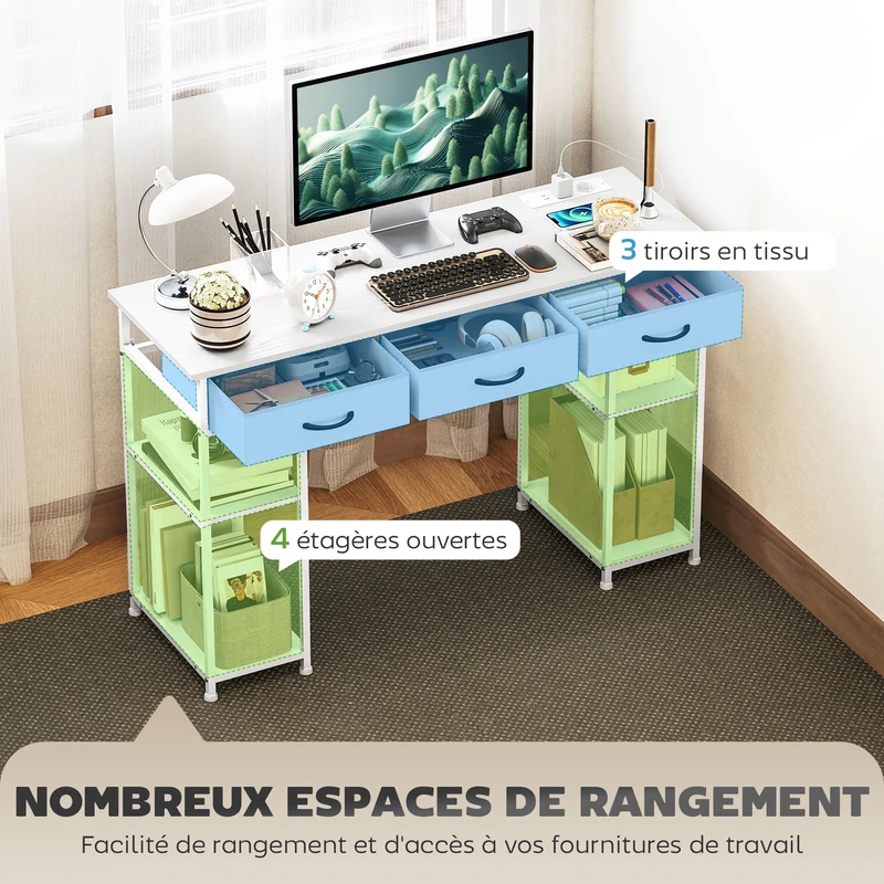 Bureau rangement chambre 120 x 40 x 76 cm station de charge intégrée tiroirs tissu design en panneau de particules blanc 21_0002539