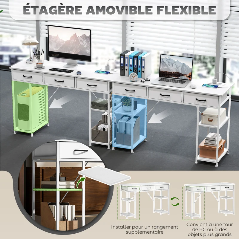 Bureau rangement chambre 120 x 40 x 76 cm station de charge intégrée tiroirs tissu design en panneau de particules blanc 21_0002539