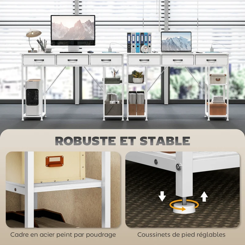 Bureau rangement chambre 120 x 40 x 76 cm station de charge intégrée tiroirs tissu design en panneau de particules blanc 21_0002539
