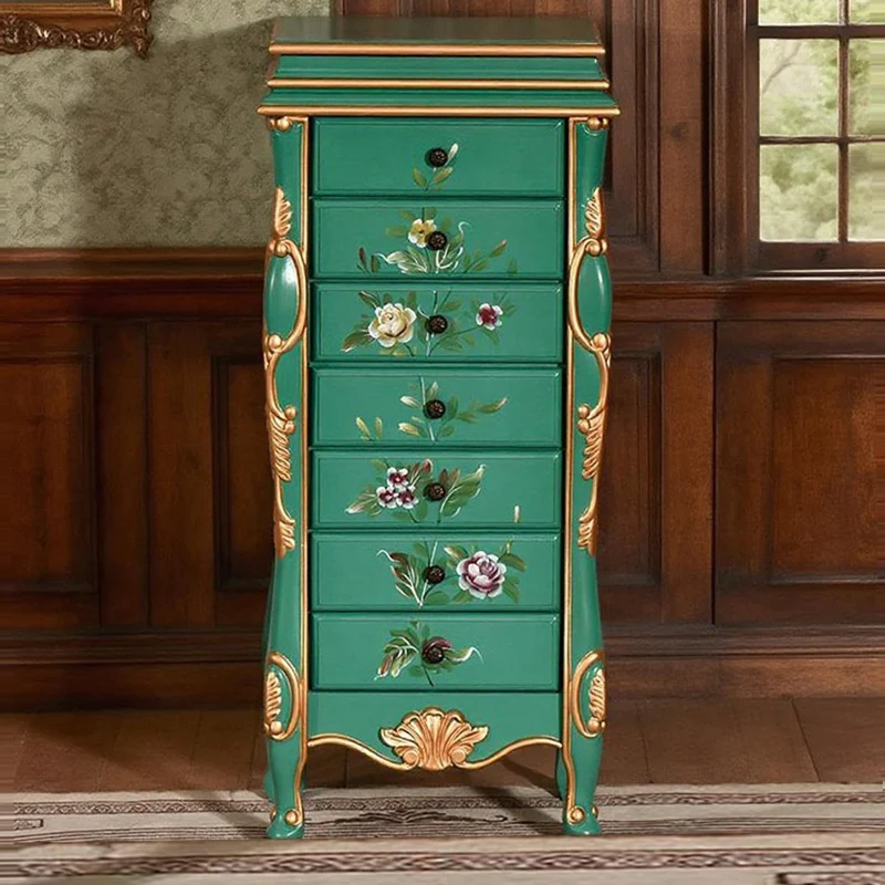 Traditional Vintage Rectangular Solid Wood Medium Density Fiberboard Zinc Alloy Jewelry Storage Cabinet 7-Drawer For Living Room