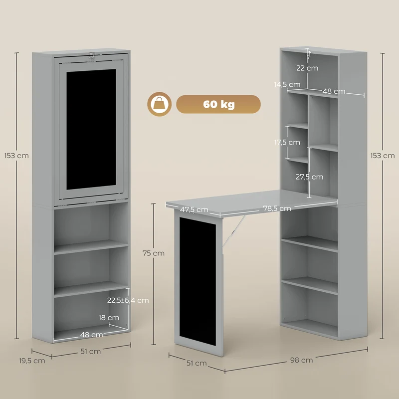 Bureau pliable mural avec rangement 98 x 51 x 153 cm gain de place tableau noir intégré moderne épuré en MDF gris foncé 21_0002448