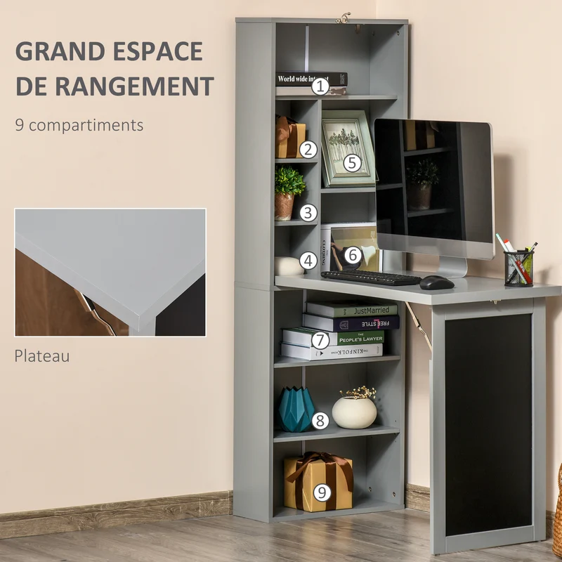 Bureau pliable mural avec rangement 98 x 51 x 153 cm gain de place tableau noir intégré moderne épuré en MDF gris foncé 21_0002448
