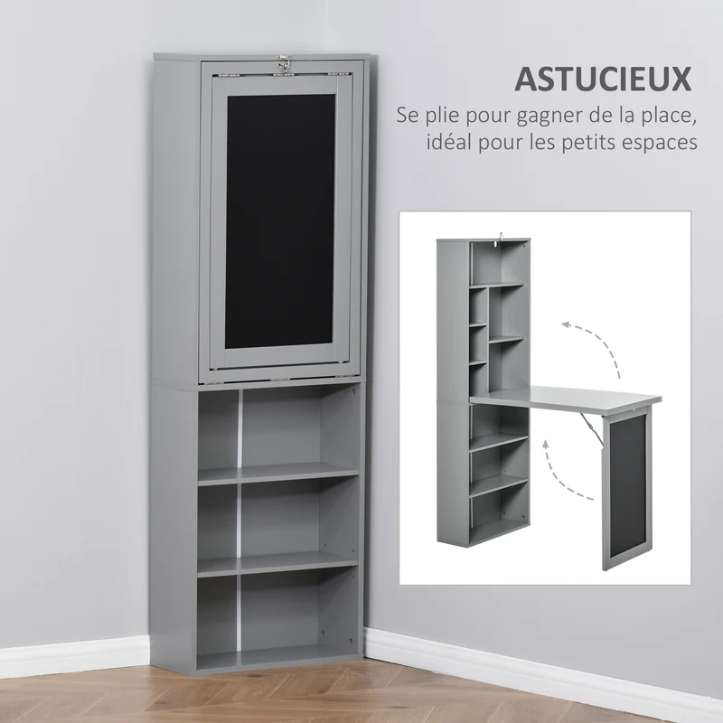 Bureau pliable mural avec rangement 98 x 51 x 153 cm gain de place tableau noir intégré moderne épuré en MDF gris foncé 21_0002448