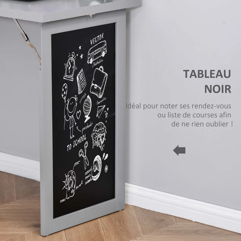 Bureau pliable mural avec rangement 98 x 51 x 153 cm gain de place tableau noir intégré moderne épuré en MDF gris foncé 21_0002448