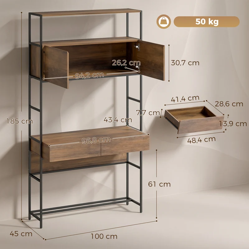 Bureau ordinateur rangement 100 x 45 x 185 cm gain de place sécurisé style moderne compact 2 tiroirs en mélamine marron 21_0002576