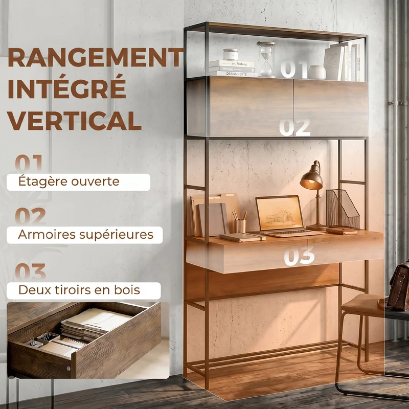 Bureau ordinateur rangement 100 x 45 x 185 cm gain de place sécurisé style moderne compact 2 tiroirs en mélamine marron 21_0002576