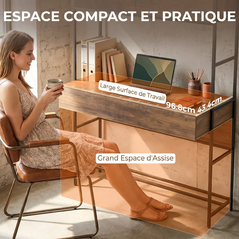 Bureau ordinateur rangement 100 x 45 x 185 cm gain de place sécurisé style moderne compact 2 tiroirs en mélamine marron 21_0002576