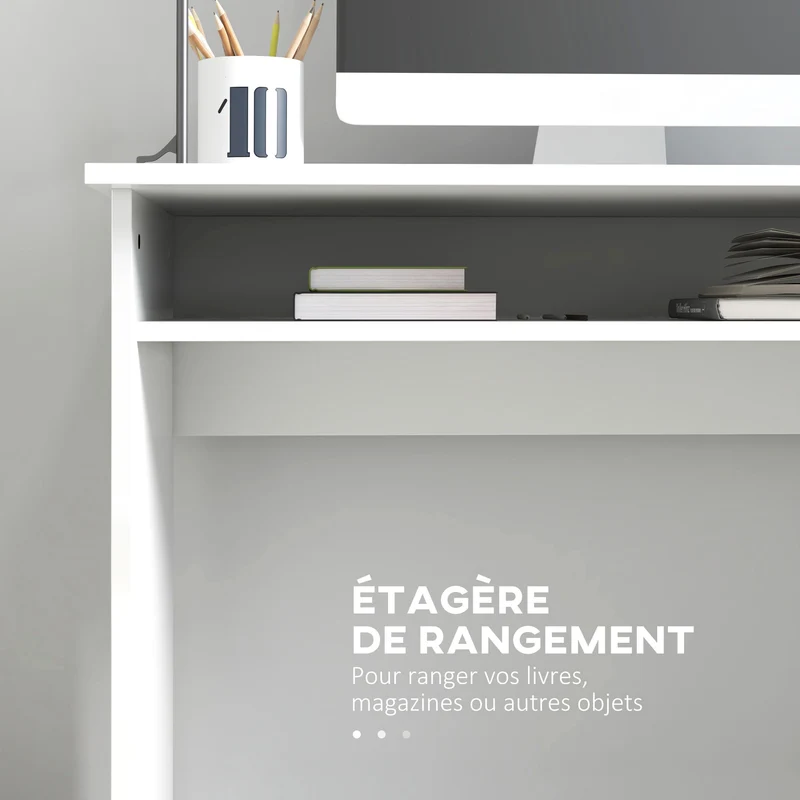 Bureau informatique 90 x 50 x 74 cm avec étagère de rangement robuste moderne en panneaux de particules blanc laqué 21_0002387